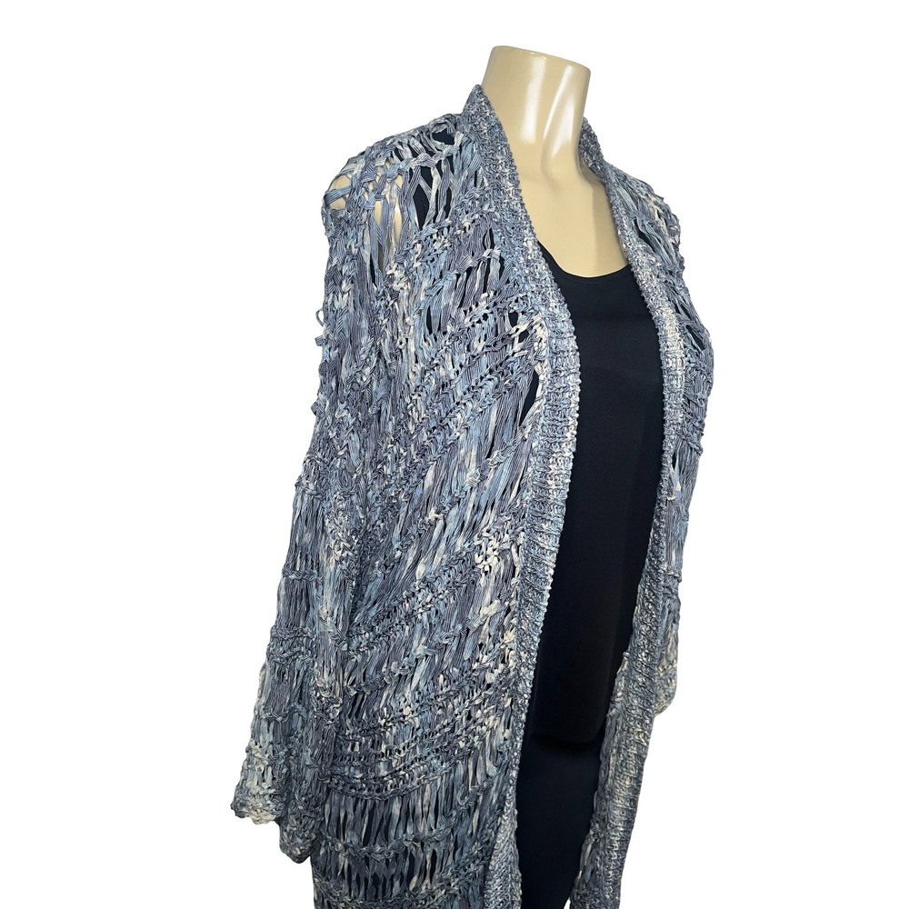 Chicos Blue Ribbon Knit Open Front Cardigan Fringe Hem Size 4 XXL Longline
